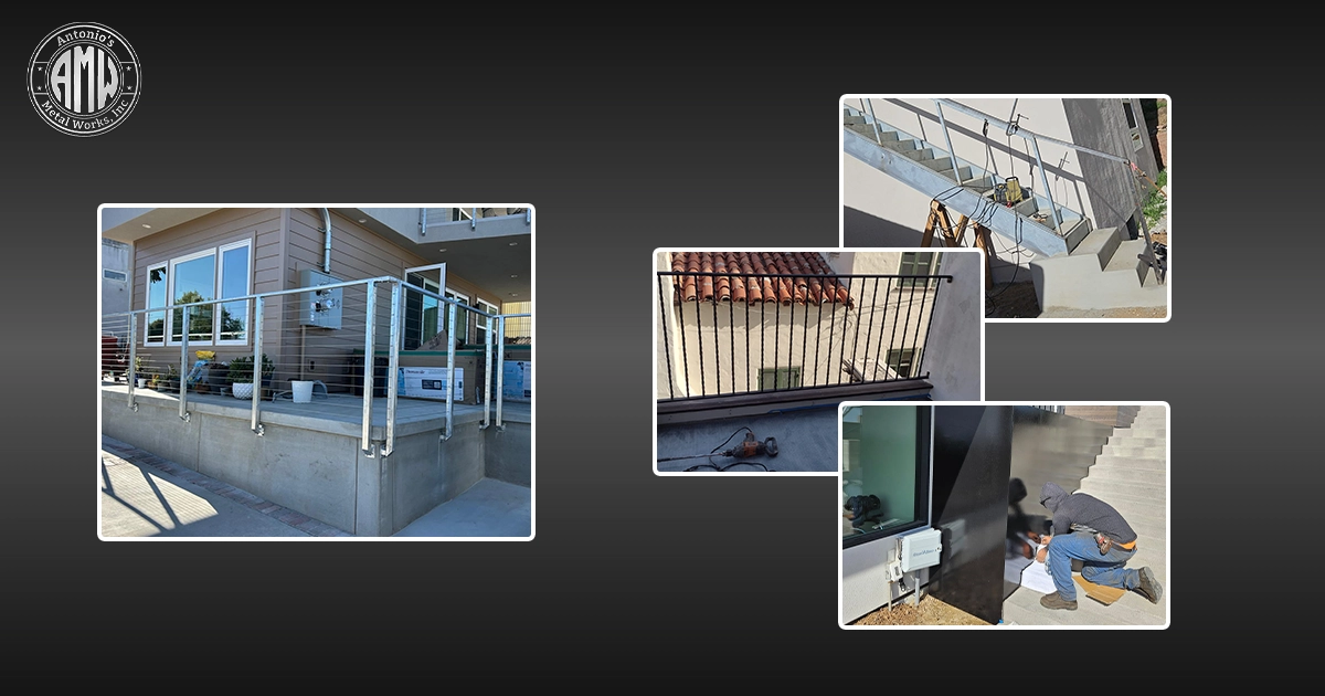 Custom metalwork by Antonio's Metal Works, Inc. This collage banner showcases their diverse capabilities, featuring a modern stainless steel cable railing for a deck, an ornate wrought iron balcony, a durable galvanized steel exterior staircase, and an expert installing a custom metal feature.