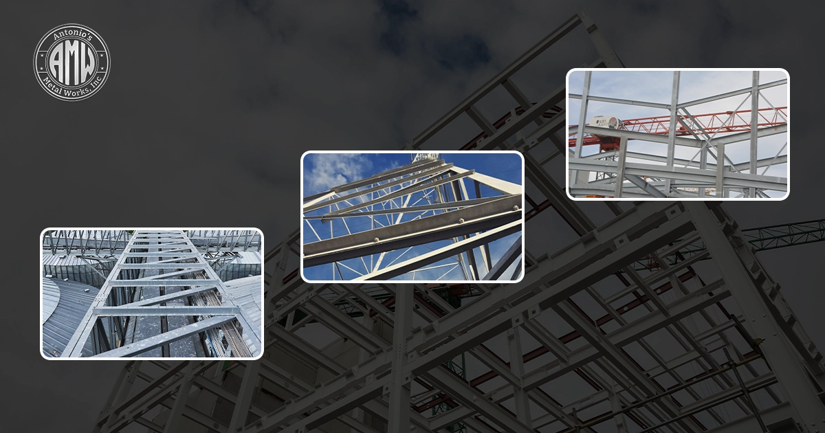 Three close-up photos show structural steel fabrication: a truss ceiling, roof beams against the sky, and framework under construction.