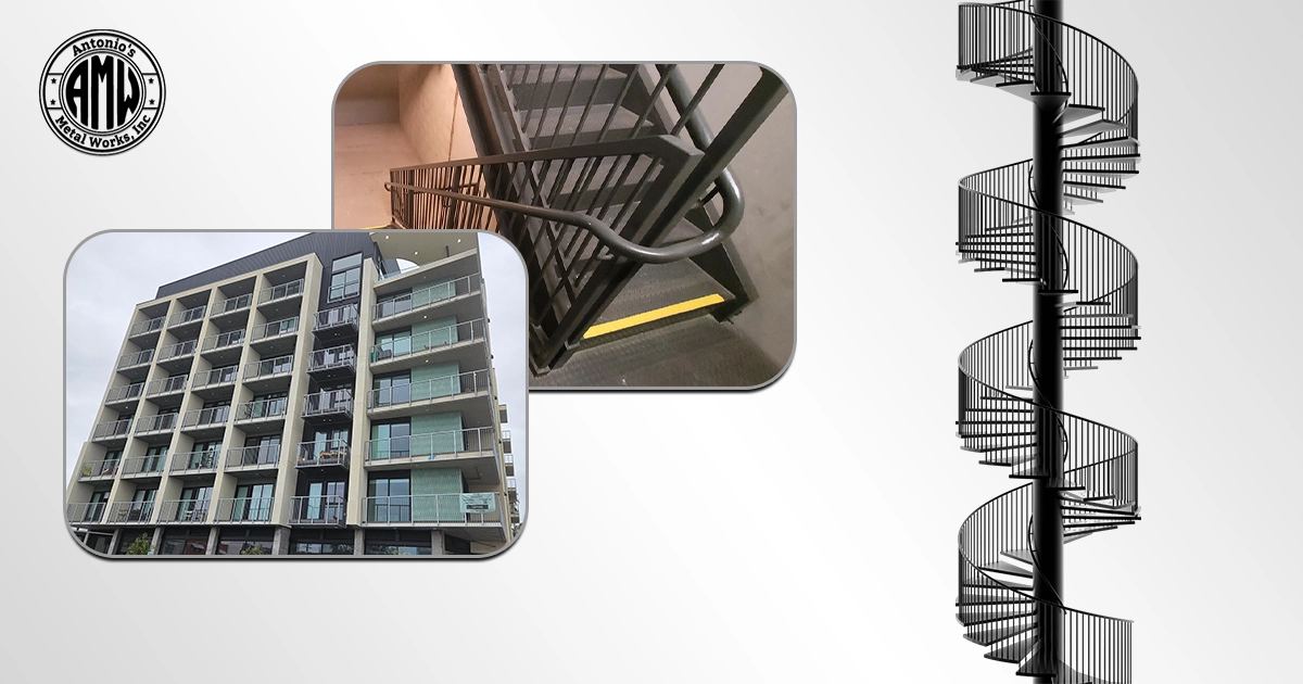 Banner displaying a building facade, metal stairs, and a tall spiral staircase for Metal Fabrication projects.